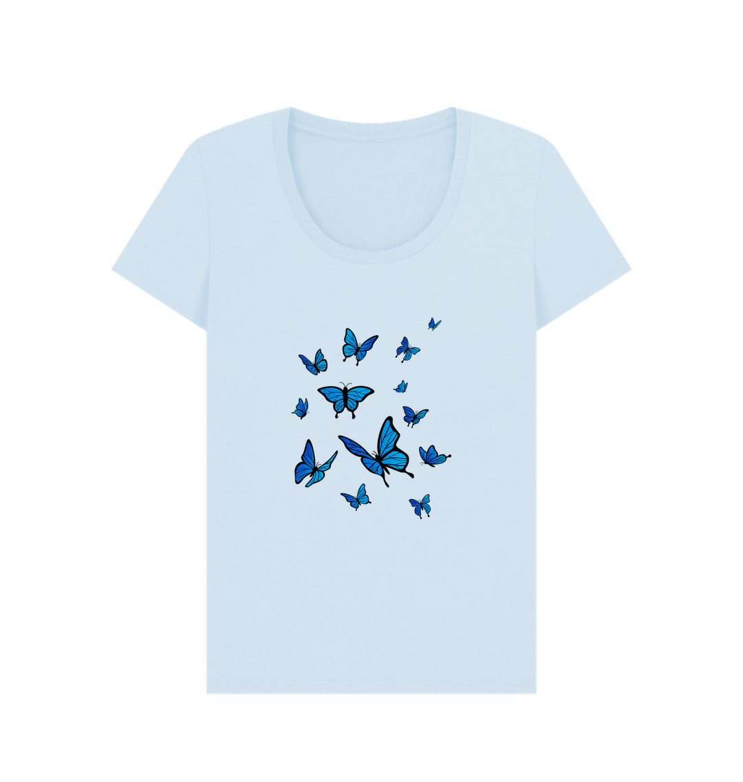 Sky Blue Women's Scoop Neck T-shirt Certified Organic Cotton Butterfly Print