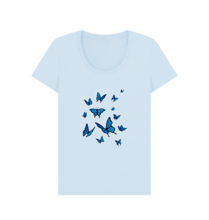 Sky Blue Women's Scoop Neck T-shirt Certified Organic Cotton Butterfly Print