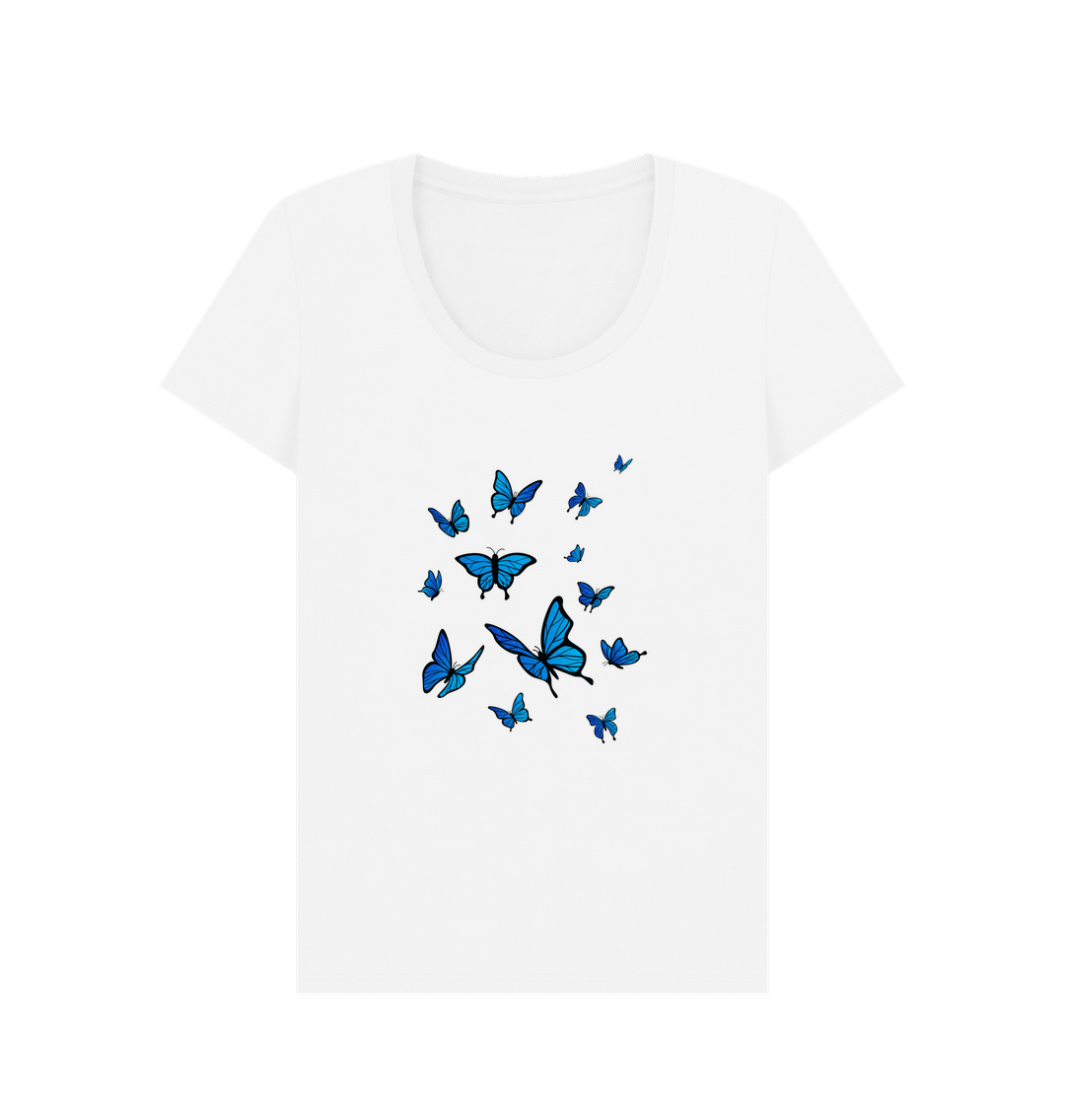 White Women's Scoop Neck T-shirt Certified Organic Cotton Butterfly Print