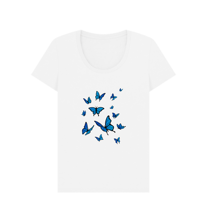 White Women's Scoop Neck T-shirt Certified Organic Cotton Butterfly Print