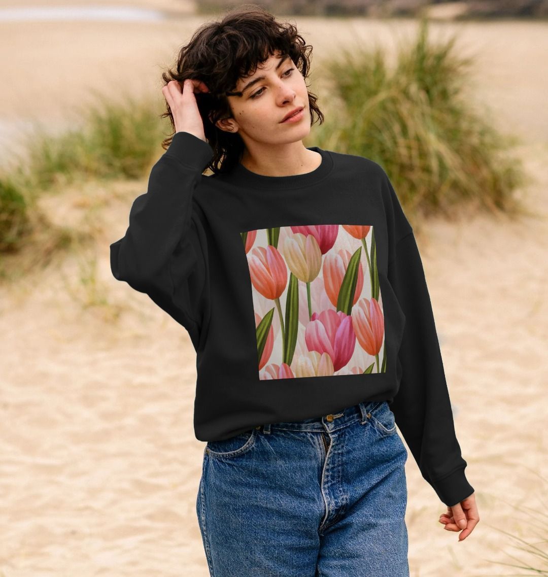 Women's Tulip Flower Motif Print Oversized Jumper