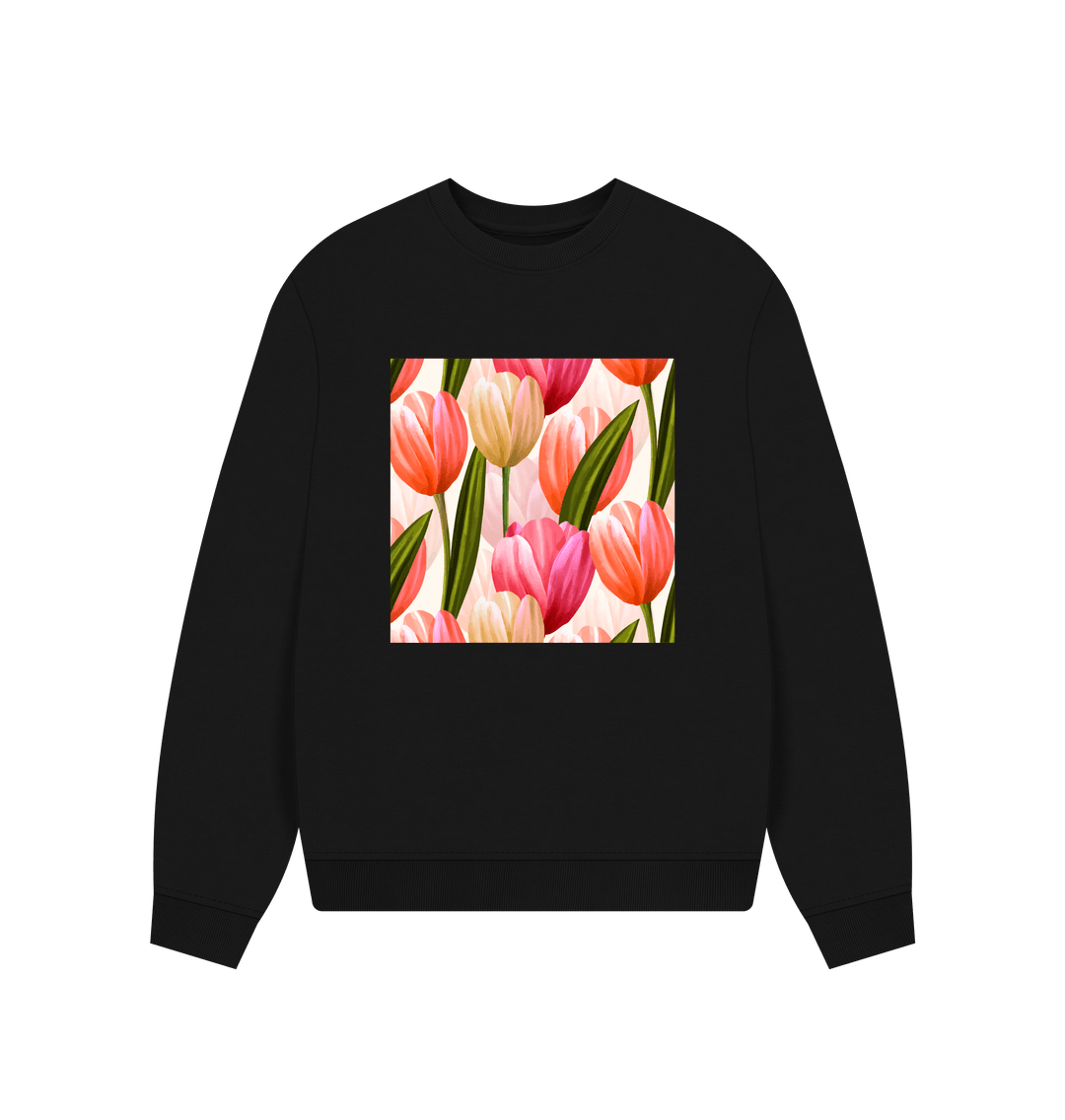 Black Women's Tulip Flower Motif Print Oversized Jumper