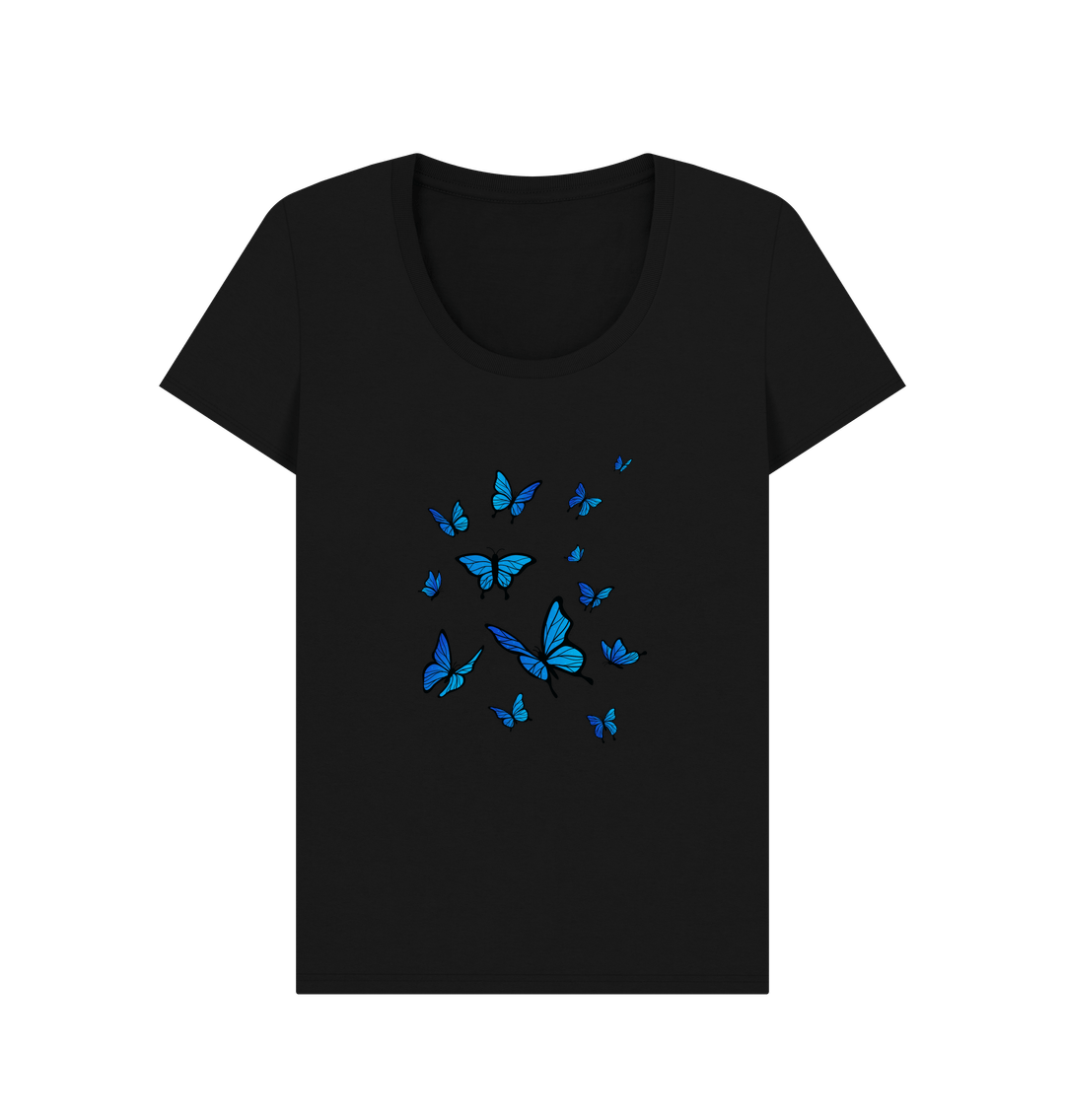 Black Women's Scoop Neck T-shirt Certified Organic Cotton Butterfly Print