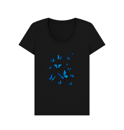 Black Women's Scoop Neck T-shirt Certified Organic Cotton Butterfly Print